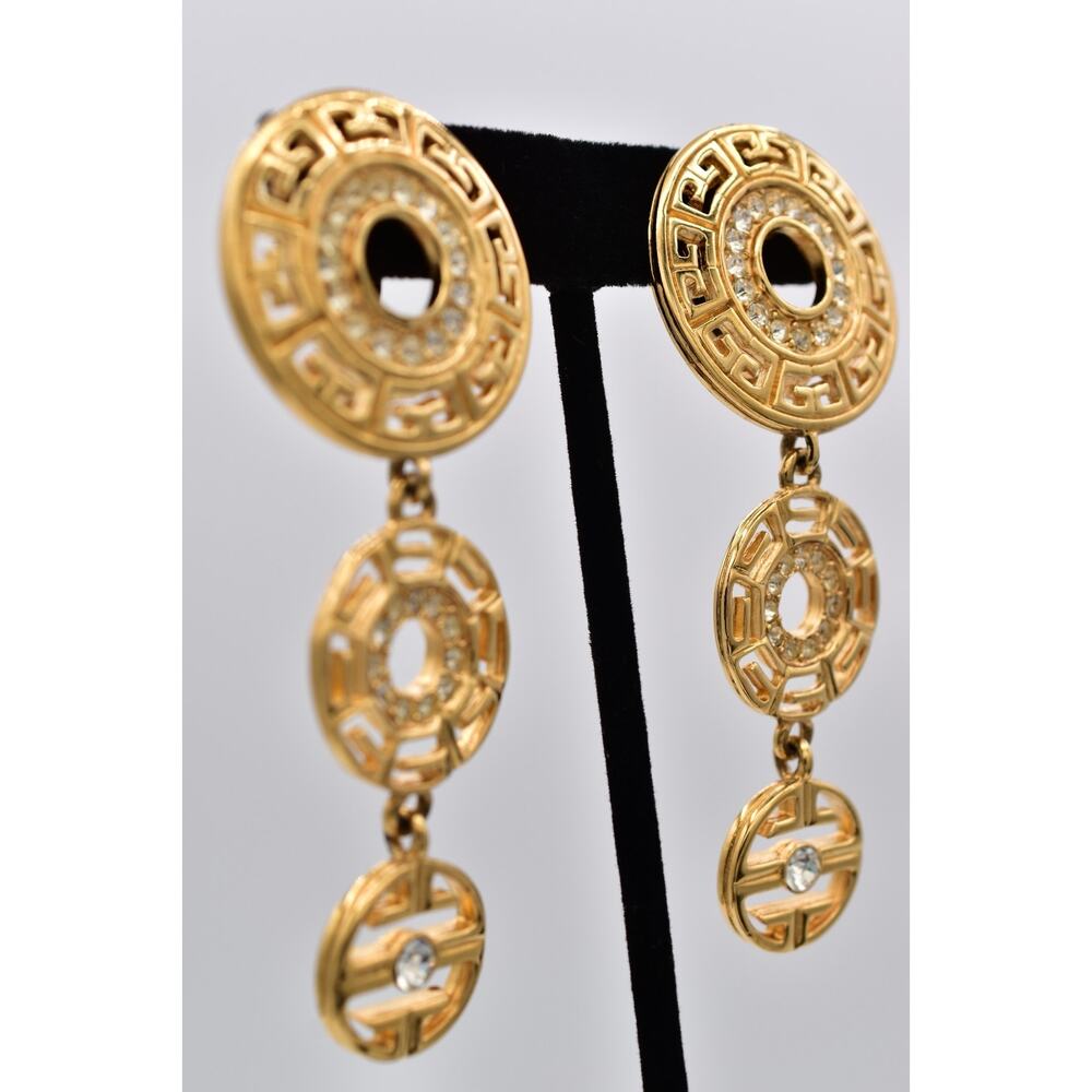 Givenchy Vintage Runway Logo Drop Clip On Earrings Gold Rhinestone Dangle Bin5 - Picture 5 of 12